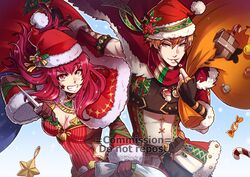  1boy alternate_costume blue_cape bodysuit breasts cape christmas english_commentary facial_mark female fire_emblem fire_emblem_awakening fire_emblem_engage fire_emblem_heroes gaius_(fire_emblem) gzei hair_ornament hat holding holding_sack holly holly_hair_ornament ice_pick multicolored_cape multicolored_clothes official_alternate_costume red_bodysuit red_cape red_eyes red_hair sack santa_hat star_(symbol) star_facial_mark star_hair_ornament star_print two-tone_cape yunaka_(fire_emblem) yunaka_(fire_emblem)_(spirited_envoy) 