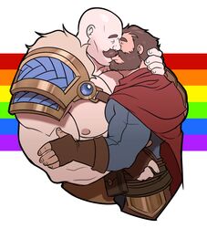  2boys abs absurdres armor bald bara beard beard_stubble braum_(league_of_legends) cheschirebacon closed_eyes couple cropped_legs facial_hair flag_background from_side full_beard graves_(league_of_legends) highres kissing large_pectorals league_of_legends male_focus mature_male moustache multiple_boys muscular muscular_male nipples pauldrons pectorals profile rainbow_background rainbow_flag short_hair shoulder_armor single_pauldron stubble thick_beard thick_eyebrows thick_mustache yaoi 