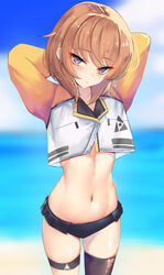  absurdres arms_behind_head avatar_(holoearth) beach bikini bikini_bottom_only black_bikini black_thighhighs blue_sky blurry blurry_background cloud commentary cropped_jacket female highres holoearth hololive jacket long_sleeves navel o-ring o-ring_thigh_strap ocean orange_hair orange_jacket purple_eyes rifufu short_hair single_thighhigh sky solo stomach sweat swimsuit thigh_strap thighhighs white_jacket 