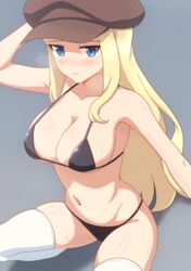  bare_shoulders bikini black_bikini blonde_hair blue_eyes blush breasts brown_hat closed_mouth curakuru female hat highres large_breasts long_hair looking_at_viewer mega_man_(series) mega_man_battle_network_(series) mega_man_battle_network_5 navel princess_pride_(mega_man) solo sweat swimsuit thighhighs white_thighhighs 