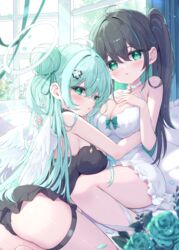  2girls ahoge angel angel_wings bare_arms bare_shoulders black_choker black_dress black_hair black_panties blush breasts choker cleavage clover clover_hair_ornament colored_inner_hair commentary_request cross dress feathered_wings flower four-leaf_clover glint green_eyes green_flower green_hair green_ribbons green_rose hair_bun hair_flower hair_ornament hair_ribbon halo highres indoors large_breasts latin_cross long_hair looking_at_viewer looking_back mikaze_oto multicolored_hair multiple_girls original panties parted_lips ribbon rose short_dress sitting sleeveless sleeveless_dress streaked_hair thigh_strap underwear white_choker white_dress white_halo window wings yuri 