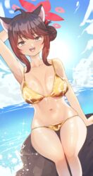  alternate_costume bikini blue_archive blue_sky breasts brown_hair cloud collarbone day female gold_bikini halo highres kaede_(blue_archive) looking_at_viewer medium_breasts minertime navel ocean open_mouth outdoors red_halo sitting sky smile solo stomach swimsuit yellow_eyes 