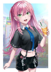  absurdres aikawa_megumi collared_shirt cowboy_shot crop_top cup day disposable_cup drink drinking_straw female green_eyes heaven_burns_red highres holding holding_drink latex_shorts long_hair looking_at_viewer midriff navel necktie nil_(pixiv_53614557) open_mouth outdoors pink_hair shirt short_sleeves shorts sky smile solo suspenders two_side_up very_long_hair 