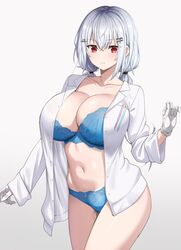  alternate_breast_size bra breast_pocket breasts closed_mouth collarbone female fuooooo gloves hakase_fuyuki highres large_breasts long_hair long_sleeves looking_at_viewer navel nijisanji panties pen pocket red_eyes shirt simple_background sleeves_past_wrists sleeves_rolled_up solo standing underwear virtual_youtuber white_background white_gloves white_hair white_shirt 