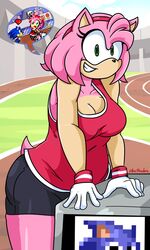  accessory amy_rose anthro big_breasts bottomwear breasts cleavage clothed clothing eulipotyphlan eyelashes female fur gloves green_eyes grey_bottomwear grey_clothing grey_shorts hair_accessory hairband handwear head_tuft hedgehog hi_res looking_at_viewer mammal mario_and_sonic_at_the_olympic_games pink_body pink_clothing pink_fur pink_topwear sega shorts silenttandem smile solo sonic_the_hedgehog_(series) tan_body tan_fur thick_thighs topwear tuft white_clothing white_gloves white_handwear wide_hips 