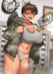  absurdres blush breasts brown_hair calvin_klein camouflage camouflage_jacket clock collarbone combat_helmet dark-skinned_female dark_skin english_commentary english_text engrish_commentary female fur-trimmed_jacket fur_trim green_eyes grey_panties grey_sports_bra half-closed_eyes hands_up helmet highres hitch_(perotoss) hood hooded_jacket indoors jacket large_breasts looking_ahead navel open_clothes open_jacket open_mouth original paid_reward_available panties republic_of_korea_army short_hair solo sports_bra steaming_body stomach sweat sweat_stain toned underwear undressing upper_body 