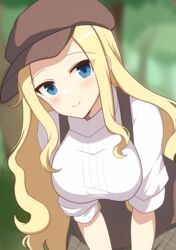  blonde_hair blue_eyes blurry blurry_background blush breasts brown_hat brown_overalls closed_mouth curakuru female hat highres large_breasts leaning_forward long_hair looking_at_viewer mega_man_(series) mega_man_battle_network_(series) mega_man_battle_network_5 overalls princess_pride_(mega_man) smile solo 