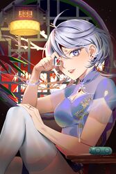  architecture blue_eyes breasts chair china_dress chinese_clothes cleavage cleavage_cutout clothing_cutout commentary dress earrings east_asian_architecture female fern_(bhbtr) grey_hair gundam gundam_suisei_no_majo hand_on_own_knee highres holding holding_mahjong_tile incense incense_burner jewelry leg_up light light_particles lipstick long_hair looking_at_viewer mahjong mahjong_tile makeup miorine_rembran nail_polish one_eye_closed parted_lips pearl_earrings red_lips red_nails ring sitting smile solo thighhighs window 