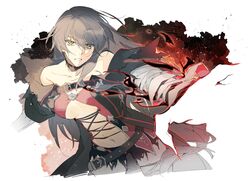  bandaged_arm bandages bare_shoulders belt black_hair breasts cleavage_cutout clothing_cutout female fire floating_hair fur_collar hair_between_eyes highres large_breasts long_hair looking_at_viewer navel solo tales_of_(series) tales_of_berseria torn_clothes velvet_crowe xing_20 yellow_eyes 