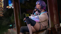  absurdres android aqua_eyes aqua_hair artmong black_gloves braid fingerless_gloves gloves hand_on_own_knee headphones headphones_around_neck highres jacket knee_sleeve long_hair long_sleeves looking_up mitsune_haku night off_shoulder open_clothes open_jacket science_fiction sitting thigh_strap virtual_youtuber waktaverse 