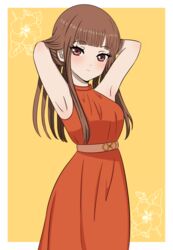  absurdres alternate_costume armpits bare_arms blush border breasts brown_eyes brown_hair cowboy_shot dress female floral_print frown hands_in_own_hair highres iino_miko kaguya-sama_wa_kokurasetai_~tensai-tachi_no_renai_zunousen~ long_hair looking_at_viewer medium_breasts nana_(7kah) orange_dress smile solo white_border yellow_background 