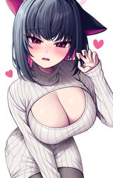  absurdres alternate_costume animal_ears black_hair black_pantyhose blue_archive blush breasts cat_ears cleavage cleavage_cutout clothing_cutout colored_inner_hair commentary dated_commentary fangs female halo hand_up heart highres kazusa_(blue_archive) large_breasts long_sleeves looking_at_viewer metaljelly multicolored_hair open_mouth pantyhose pink_hair red_eyes ribbed_sweater short_hair simple_background solo sweater white_background white_sweater 