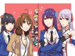  6+girls =_= ahoge annoyed aqua_hair arm_hug arm_up assault_lily bare_shoulders beret black_gloves black_hair black_headwear black_necktie black_ribbon black_scrunchie blonde_hair blue_jacket blunt_bangs border bow braid breasts brown_cardigan brown_eyes brown_hair butterfly_hair_ornament cardigan chibi clenched_teeth closed_eyes closed_mouth collared_shirt commentary confrontation criss-cross_halter crossed_arms crossed_bangs detached_sleeves double_bun drill_hair epaulettes eye_contact flower flower_knot funada_kiito funada_ui gloves green_eyes green_ribbons grey_hair hair_between_eyes hair_bun hair_flower hair_ornament hair_ribbon hair_scrunchie hairbow half_gloves half_updo halterneck hand_on_another&#039;s_arm hand_on_own_cheek hand_on_own_face hand_on_own_head hand_up hat headphones headphones_around_neck high_ponytail hishida_haru jacket japanese_clothes jewelry kawamura_yuzuriha kawanabe_nazuna kimono large_breasts lightning_bolt_symbol long_bangs long_hair long_sleeves looking_at_another maruyama_amane medium_breasts medium_hair mole mole_under_eye mole_under_mouth multiple_girls necklace necktie nigari_(ngari_0115) no_bra odaiba_girls_high_school_uniform open_cardigan open_clothes open_mouth orange_bow orange_hair otake_sunao outside_border parted_bangs parted_lips partially_fingerless_gloves partially_unbuttoned peeking_out pendant pink_flower pink_hair ponytail puff_of_air purple_eyes purple_hair red_background red_ribbon ribbon saigou_kurena school_uniform scrunchie shirt short_hair siblings side_braid simple_background single_braid sisters solid_oval_eyes suzuki_chinami sweatdrop takehisa_nakaba tassel teeth triangle_mouth tsukioka_momiji twin_drills twintails upper_body v-shaped_eyebrows very_long_hair white_border white_gloves white_kimono white_ribbon white_shirt wide_sleeves x_hair_ornament yellow_ribbon yokoyama_azusa 