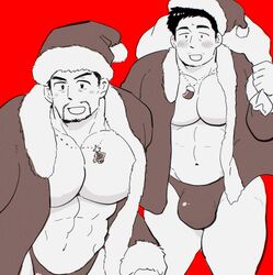  2boys abs bara blush_stickers briefs bulge christmas christmas_tree_necklace facial_hair feet_out_of_frame fur-trimmed_headwear fur_trim gift goatee_stubble hat highres holding holding_sack hoshieda_(hoshinoedao) large_bulge large_pectorals looking_ahead male_focus male_underwear mature_male multiple_boys muscular muscular_male mustache_stubble navel old old_man original pectoral_cleavage pectorals red_background red_theme sack santa_costume santa_hat short_hair sock_necklace solid_oval_eyes sparse_stubble stomach stubble thick_thighs thighs underwear 