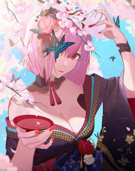  absurdres bare_shoulders black_kimono branch breasts bug butterfly cherry_blossoms cherry_tree cleavage closed_mouth cup detached_collar english_commentary female flower fox_mask hair_flower hair_ornament hair_over_one_eye highres holding holding_cup holding_mask hololive hololive_english japanese_clothes kimono looking_at_viewer mask mori_calliope mori_calliope_(new_year) off_shoulder official_alternate_costume official_alternate_hair_length official_alternate_hairstyle pink_hair red_eyes red_lips red_nails reirz sakazuki short_hair solo tassel upper_body virtual_youtuber wide_sleeves 