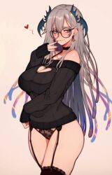  bare_shoulders black_choker blue_eyes blush breasts choker cleavage collarbone female garter_belt glasses grey_hair hair_between_eyes head_wings highres indie_virtual_youtuber lace lace_choker large_breasts long_hair long_sleeves mole mole_under_mouth off-shoulder_sweater off_shoulder pochimaru_(vtuber) red_nails simple_background smile solo sweater thighhighs variant_set varniskarnis virtual_youtuber wings 