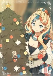  2girls black_skirt blonde_hair blue_eyes blue_hair breasts christmas christmas_ornaments christmas_tree cleavage closed_mouth coat commandant_teste_(kancolle) fairy_(kancolle) kantai_collection long_hair long_sleeves looking_at_viewer mitsuyo_(mituyo324) multicolored_hair multiple_girls pleated_skirt red_hair skirt smile streaked_hair white_coat white_hair 