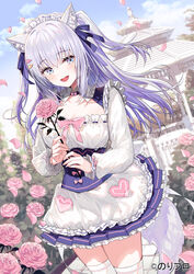  :d animal_ear_fluff animal_ears apron bad_id bad_pixiv_id blue_eyes blue_skirt breasts cleavage commentary_request female flower frilled_apron frilled_skirt frills grey_hair hair_between_eyes highres holding holding_flower long_hair long_sleeves looking_at_viewer medium_breasts multicolored_hair noripro petals pink_flower pink_rose pleated_skirt puffy_long_sleeves puffy_sleeves purple_hair rose shirayuki_mishiro skirt sleeves_past_wrists smile solo standing tail thighhighs two-tone_hair two_side_up very_long_hair virtual_youtuber white_apron white_thighhighs yadapot 