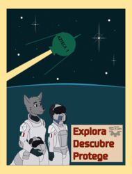  absurd_res ambiguous_gender anthro armor canid canine clothed clothing digital_media_(artwork) duo female fur headgear helmet hi_res humanoid male mammal propaganda propaganda_poster satellite sky-rouge space spacecraft spacesuit spanish_text tail text uniform vehicle 