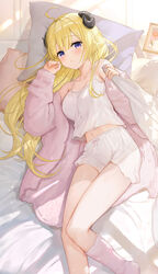  ahoge alternate_costume animal_ears bed_sheet black_horns blonde_hair blue_eyes blush breasts camisole curled_horns double-parted_bangs female fuumi_(radial_engine) hair_between_eyes highres hololive horns indoors jacket large_breasts long_hair long_sleeves looking_at_viewer lying midriff navel off_shoulder on_bed on_side open_clothes open_jacket open_mouth sheep_ears sheep_girl sheep_horns sheet_grab shorts sleepwear solo tsunomaki_watame virtual_youtuber white_camisole white_footwear white_jacket white_shorts 