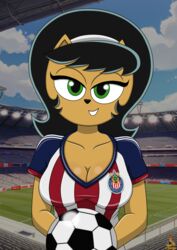  a-fitzga absurd_res accessory anthro ball bangs big_breasts breasts chivas cleavage clothed clothing club_deportivo_guadalajara domestic_cat emblem felid feline felis female female_anthro green_eyes guadalajara hair_accessory hairband hi_res jersey kitty_katswell looking_at_viewer mammal nickelodeon soccer_ball soccer_field soccer_jersey soccer_uniform solo sportswear stadium t.u.f.f._puppy tight_clothing uniform 