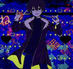  1boy black_hair black_jacket black_shirt black_sweater blue_background boxcutter bug_(vocaloid) censored fur-trimmed_jacket fur_trim gate holding holding_scissors jacket looking_at_viewer male_focus mosaic_censoring multicolored_clothes multicolored_jacket open_mouth scissors shirt smile solo sweater translation_request tsugino_haru turtleneck world_execute yellow_jacket zeno_(game) 