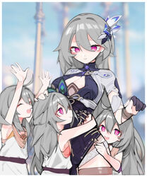  4girls arms_up bare_arms black_gloves blurry blurry_background breasts cleavage closed_eyes closed_mouth dress error1980 gloves grey_hair hair_between_eyes hair_ornament hand_on_another&#039;s_head highres honkai_(series) honkai_impact_3rd hug large_breasts long_hair looking_at_another multiple_girls open_mouth pink_eyes smile teeth upper_teeth_only vita_(honkai_impact) vita_(young)_(honkai_impact) white_dress 