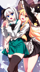  2girls :d adapted_costume ahoge apron black_hairband black_ribbon black_thighhighs black_vest blonde_hair blue_eyes blush bow collared_shirt commentary_request cowboy_shot frilled_apron frilled_hat frilled_sleeves frills green_skirt green_vest hair_between_eyes hairband hands_on_own_chest hands_up hat hat_bow hat_ribbon highres hug hug_from_behind kirisame_marisa konpaku_youmu konpaku_youmu_(ghost) long_hair long_sleeves looking_at_another looking_at_viewer miniskirt multiple_girls neck_ribbon oerba_yun_fang one_eye_closed open_mouth own_hands_together pleated_skirt puffy_sleeves ribbon sazanami_mio shirt short_hair skirt smile star_(symbol) thighhighs thighs touhou vest waist_apron white_apron white_bow white_hair white_ribbon white_shirt witch_hat yellow_eyes zettai_ryouiki 