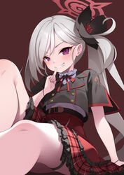  arm_support black_flower black_shirt blue_archive brown_background clenched_teeth female flower hair_flower hair_ornament halo highres index_finger_raised long_hair looking_at_viewer mofu_namako mutsuki_(blue_archive) neck_ribbon plaid plaid_skirt purple_eyes red_halo red_ribbon red_skirt ribbon shirt short_sleeves side_ponytail simple_background sitting skirt slit_pupils smile solo teeth thigh_strap thighs 