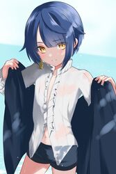  1boy black_shorts blue_hair blush chinese_clothes earrings genshin_impact highres jewelry long_sleeves male_focus midriff navel open_clothes open_shirt rrr_gns_(riuriu_1212) shirt short_hair shorts solo tassel wet white_shirt xingqiu_(genshin_impact) yellow_eyes 