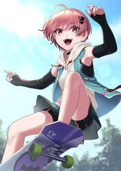  absurdres bike_shorts choker commentary day elbow_gloves female fingerless_gloves gloves hair_ornament heaven_burns_red highres hood hooded_vest hoodie jumping nil_(pixiv_53614557) ollie_(skateboarding) ooshima_minori open_mouth outdoors pink_eyes pink_hair short_hair skateboard skateboarding skirt sky smile solo vest 