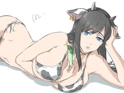  animal_ears animal_print arm_under_breasts banknote bikini black_hair blue_eyes breast_press breasts burn_the_witch choker commentary_request cow_ears cow_horns cow_print cow_print_bikini cowboy_shot fake_animal_ears fake_horns female hand_on_own_head highres holding holding_money horns large_breasts long_hair looking_at_viewer lying mitsugu money navel niihashi_noel on_side open_mouth print_bikini side-tie_bikini_bottom signature simple_background solo swimsuit white_background 