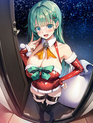  absurdres aqua_eyes aqua_hair bag black_footwear blunt_bangs blush boots breasts christmas christmas_tree_hair_ornament cleavage commentary_request covered_navel detached_collar detached_sleeves door doorway dress female fisheye hair_ornament hand_on_own_hip highres kantai_collection knee_boots large_breasts long_hair looking_at_viewer night red_dress santa_costume santa_dress smile snow suzuya_(kancolle) thigh_strap torisan 