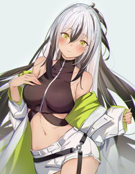  absurdres black_hair blush breasts clothes_over_shoulder coat cropped_shirt fate/grand_order fate_(series) female green_coat green_eyes highres jacket looking_at_viewer multicolored_clothes multicolored_coat multicolored_hair multicolored_jacket navel short_shorts shorts simple_background solo striped_suit suit two-tone_coat two-tone_hair two-tone_jacket uesugi_kenshin_(fate) uesugi_kenshin_(second_ascension)_(fate) ura_illust white_background white_hair white_jacket white_shorts 