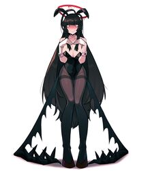  :&gt; absurdres alternate_costume animal_ears antenna_hair bags_under_eyes bare_shoulders black_hair black_leotard black_pantyhose black_wings blood blood_halo blue_archive blush breasts cleavage cocomayo29_(tomato) collarbone commentary_request covered_navel fake_animal_ears female full_body gloves halo highres large_breasts leotard liquid_halo long_hair looking_at_viewer low_wings melting_halo pantyhose playboy_bunny rabbit_ears red_eyes red_halo solo sweatdrop thighband_pantyhose tsurugi_(blue_archive) very_long_hair white_gloves wings 