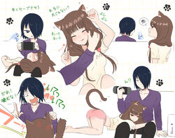  1boy :d absurdres alternate_costume anger_vein angry animal_ears ass barefoot black_hair cat_ears cat_girl cat_tail female handheld_game_console highres holding holding_handheld_game_console hug iino_miko ishigami_yuu kaguya-sama_wa_kokurasetai_~tensai-tachi_no_renai_zunousen~ looking_at_another multiple_views nana_(7kah) nintendo_switch on_lap pink_shorts pout shirt short_hair shorts smile spoken_squiggle squiggle tail translation_request white_shirt 