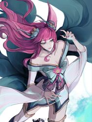  ahri_(league_of_legends) animal_ears bare_shoulders bell bow breasts closed_mouth collarbone cowboy_shot female fingernails fox_ears fox_girl fox_tail grey_bow hair_bell hair_ornament highres japanese_clothes jellyjelly kimono large_bow large_breasts league_of_legends long_hair long_sleeves multiple_tails nail_polish official_alternate_costume red_hair sharp_fingernails solo spirit_blossom_ahri tail thighhighs 