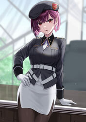  absurdres belt beret blurry blurry_background collared_shirt earrings female gloves hand_on_own_hip hat heaven_burns_red highres jacket jewelry long_sleeves looking_at_viewer neck_ribbon nil_(pixiv_53614557) open_mouth pantyhose pencil_skirt purple_hair red_eyes ribbon shirt short_hair side_slit skirt solo tezuka_saki window 