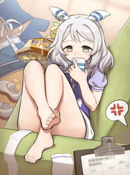  absurdres amite-faust anger_vein animal_ears bag bare_legs barefoot blurry blurry_background blush brown_eyes chips_(food) commentary_request couch dorsiflexion feet female food foot_focus grey_hair hair_between_eyes hair_ornament highres hishi_miracle_(umamusume) holding holding_phone horse_ears horse_girl horse_tail lazy legs looking_at_viewer medium_hair phone pov presenting_foot shoes solo_focus swimsuit tail thighs toenails toes umamusume unworn_shoes 