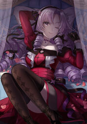  absurdres arm_up curly_hair curtains female gloves hair_ribbon hairband highres hyakumantenbara_salome hyakumantenbara_salome_(1st_costume) juliet_sleeves knees_up long_hair long_sleeves looking_at_viewer lying miniskirt neck_tattoo nijisanji nil_(pixiv_53614557) on_back on_bed one_eye_closed parted_bangs puffy_sleeves purple_eyes purple_hair ribbon ringlets skirt smile solo tattoo thighhighs virtual_youtuber 