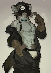  1boy abs absurdres arknights bara bare_pectorals black_jumpsuit brown_gloves chinese_commentary commentary_request furry furry_male gas_mask gloves grey_background highres hyena_boy hyena_ears hyena_tail infection_monitor_(arknights) jumpsuit looking_at_viewer male_focus mask milkybot partially_undressed pectorals pointing pointing_at_self spot_(arknights) thick_navel_hair thumb_in_beltline toned toned_male 