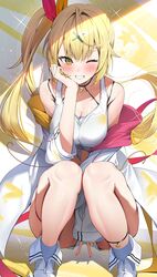  absurdres ahoge ankle_strap asymmetrical_hair blonde_hair blush breasts cleavage commentary female full_body grey_socks grin hair_intakes hair_ornament hair_ribbon hand_on_own_chin head_rest highres hoshikawa_sara hoshikawa_sara_(1st_costume) jacket knees_together_feet_apart long_hair looking_at_viewer medium_breasts midriff nail_polish nijisanji off_shoulder one_eye_closed open_clothes open_jacket paint_on_clothes paint_roller panda_0035 pink_nails pink_ribbon ribbon shirt shoes side_ponytail smile socks solo squatting star_(symbol) tank_top teeth thigh_strap tied_shirt two-tone_ribbon v virtual_youtuber white_footwear white_jacket white_tank_top x_hair_ornament yellow_eyes yellow_ribbon 