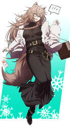  ? ?? absurdres animal_ears arknights belt black_belt black_footwear black_skirt black_sweater book braid breasts brown_hair female full_body fur-trimmed_jacket fur_trim hair_between_eyes highres holding holding_book jacket long_hair long_skirt long_sleeves md5_mismatch medium_breasts mole mole_above_eye official_alternate_costume open_clothes open_jacket penance_(arknights) penance_(occasionally_flushed)_(arknights) ribbed_sweater samacho shirt_tucked_in skirt snowflakes solo spoken_question_mark sweater tail very_long_hair white_jacket wolf_ears wolf_girl wolf_tail yellow_eyes 