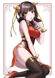  absurdres blush breasts brown_hair chest_harness dress female folding_fan hair_rings hairpods hand_fan harness heaven_burns_red high_collar high_heels highres holding holding_fan li_yingxia looking_at_viewer nil_(pixiv_53614557) open_mouth orange_eyes panties side_slit sleeveless sleeveless_dress solo thighhighs underwear wristband 