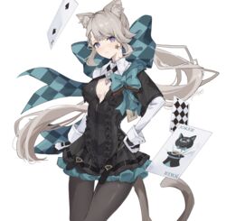  absurdres animal_ear_fluff animal_ears bow breasts card cat_ears cat_girl cat_tail closed_mouth expressionless facial_mark female genshin_impact gloves grey_hair hairbow hand_on_own_hip highres joker_(playing_card) long_sleeves looking_at_viewer lynette_(genshin_impact) pantyhose playing_card purple_eyes ren_(renjiyu) simple_background star_(symbol) star_facial_mark tail two_of_spades white_background 