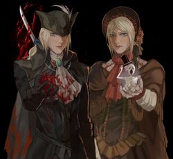  2girls ascot black_background black_gloves black_headwear blood blood_on_clothes bloodborne brown_cape brown_headwear cape closed_mouth cowboy_shot doll_joints gloves grey_ascot grey_hair hat hat_feather heart_(organ) highres holding holding_heart_(organ) joints lady_maria_of_the_astral_clocktower messengers_(bloodborne) multiple_girls parted_bangs plain_doll red_ascot red_headwear short_hair sword top_hat torn_cape torn_clothes tricorne weapon yujia0412 