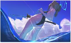  absurdres animal_ear_fluff animal_ears ass black_one-piece_swimsuit blue_archive blue_halo breasts cloud cloudy_sky competition_swimsuit extra_ears female fishing fishing_rod from_behind grey_hair halo highleg highleg_swimsuit highres holding holding_fishing_rod light_rays low_ponytail medium_hair multicolored_clothes multicolored_swimsuit niunaigaoban ocean official_alternate_costume one-piece_swimsuit outdoors shiroko_(blue_archive) shiroko_(swimsuit)_(blue_archive) sky solo standing swimsuit two-tone_swimsuit wading water wolf_ears 