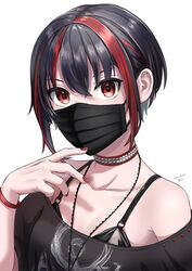  absurdres armlet black_hair brown_eyes collar ear_piercing female hand_up heaven_burns_red highres leather_shirt looking_at_viewer mask mikoto_fubuki mouth_mask multicolored_hair nail_polish nil_(pixiv_53614557) off-shoulder_shirt off_shoulder piercing red_hair shirt short_hair short_sleeves solo streaked_hair studded_collar two-tone_hair upper_body 