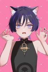  1boy absurdres black_hair black_shirt fangs genshin_impact hair_between_eyes highres male_focus multicolored_hair nyan open_mouth pink_background purple_eyes purple_hair rrr_gns_(riuriu_1212) scaramouche_(genshin_impact) shirt solo teeth wanderer_(genshin_impact) 