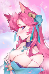  absurdres ahri_(league_of_legends) animal_ears bare_shoulders bell blush bow breasts cleavage closed_mouth female fox_ears fox_girl from_side green_bow green_ribbons hair_bell hair_between_eyes hair_ornament hairbow hand_up highres large_breasts league_of_legends long_hair neck_ribbon petals pink_background pink_hair ribbon solo spirit_blossom_ahri xi_ye_(xiyexiexie) 